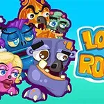 Kolorowe, kreskówkowe potwory w różnych kształtach i rozmiarach obok napisu Looney Roonks na niebieskim tle