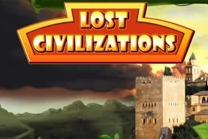 Napis Lost Civilizations na tle krajobrazu z zamkiem i górami