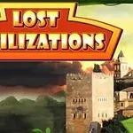 Napis Lost Civilizations na tle krajobrazu z zamkiem i górami