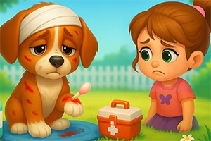 Dziewczynka i ranny piesek z opatrunkiem, obok apteczki, na tle ogrodzenia i nieba