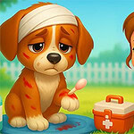 Dziewczynka i ranny piesek z opatrunkiem, obok apteczki, na tle ogrodzenia i nieba