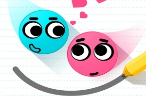 Dwie uśmiechnięte, kolorowe postacie, niebieska i różowa, patrzą na siebie; wokół nich unoszą się serduszka, a żółty ołówek rysuje linię