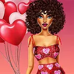 Kobieta w czerwonej sukience z serduszkami, z burzą loków, na tle różowych sercowych balonów