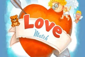 Czerwone serce przebite strzałą z napisem Love Match oraz małe aniołki i miś w tle