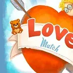 Czerwone serce przebite strzałą z napisem Love Match oraz małe aniołki i miś w tle