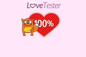 Na różowym tle znajduje się napis Love Tester, czerwone serce z białym napisem 100% oraz rysunek pomarańczowego kota