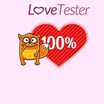 Na różowym tle znajduje się napis Love Tester, czerwone serce z białym napisem 100% oraz rysunek pomarańczowego kota