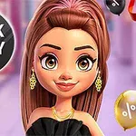 Postać z kreskówki z długimi włosami w eleganckiej sukience, otoczona balonami i znakiem Black Friday Sale