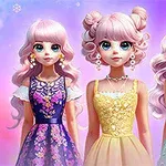 Trzy postacie z dużymi oczami, ubrane w kolorowe suknie z kwiatowymi wzorami, na tle w odcieniach różu i fioletu