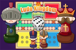 Plansza do gry z kolorowymi pionkami, kostką do gry na środku oraz tekstem Ludo Kingdom Online na górze