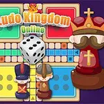 Plansza do gry z kolorowymi pionkami, kostką do gry na środku oraz tekstem Ludo Kingdom Online na górze