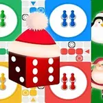 Plansza podzielona na cztery kolorowe strefy z pionkami, kostką do gry z czapką mikołaja oraz rysunkami pingwina i Świętego Mikołaja na zielonym tle