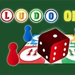 Kostka do gry z pionkami na kolorowej planszy oraz napis LUDO ONLINE na zielonym tle