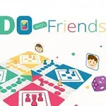 Kolorowa plansza do gry z grafikami pionków i kostka do gry, otoczona prostymi grafikami twarzy