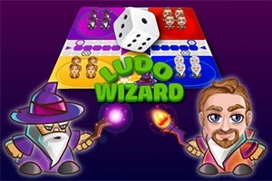 Dwaj animowani czarodzieje z różdżkami przed planszą do gry i kostką, napis Ludo Wizard