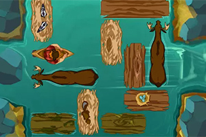 Postać płynie na tratwie po rzece wokół kłód drewna i dwóch łosi w wodzie