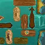 Postać płynie na tratwie po rzece wokół kłód drewna i dwóch łosi w wodzie