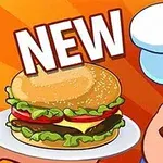 Kucharz w czapce kucharskiej mrugający okiem obok hamburgera na pomarańczowym tle z napisem NEW