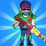 Postać o kreskówkowym stylu z fioletowymi włosami i brodą, nosząca zieloną zbroję i okulary przeciwsłoneczne, trzymająca kolorowy karabin na niebieskim tle z promieniami