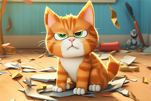 Rudy kot o zielonych oczach siedzi na podłodze wśród porozrzucanych papierów, z groźną miną