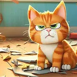 Rudy kot o zielonych oczach siedzi na podłodze wśród porozrzucanych papierów, z groźną miną