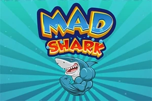 Niebieski rekin z muskularnymi ramionami i zębami na tle promienistego wzoru ze słowami MAD SHARK w kolorowych literach