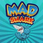 Niebieski rekin z muskularnymi ramionami i zębami na tle promienistego wzoru ze słowami MAD SHARK w kolorowych literach
