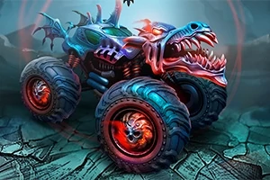 Mad Truck Challenge Potworny pojazd terenowy z motywem smoka i nietoperza, z ogromnymi oponami i świecącymi efektami na tle pękającej ziemi