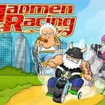 Postacie w niecodziennych pojazdach ścigające się po trawiastej trasie z miastem w tle