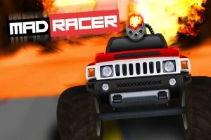 Czerwony pojazd terenowy z dużymi kołami i działkiem na dachu na tle eksplozji i logo Mad Racer