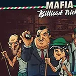 Kilka postaci w stylu kreskówkowym w mafijnym klimacie, trzymających kije bilardowe