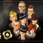 Grupa stylizowanych postaci o mafijnym wyglądzie ubranych w eleganckie stroje, z kapeluszami i cygarami