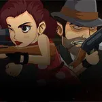 Trzy postacie z kreskówek, każda uzbrojona, w tym kobieta w czerwonej sukni i dwóch mężczyzn w kapeluszach, z cygarem i strzelbą