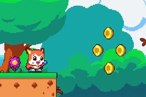 Postać przypominająca lisa stoi na platformie z kwiatkiem w lesie, przed pięcioma lewitującymi złotymi monetami