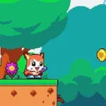 Postać przypominająca lisa stoi na platformie z kwiatkiem w lesie, przed pięcioma lewitującymi złotymi monetami