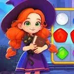 Dziewczynka z rudymi włosami w kapeluszu wiedźmy trzyma kota i książkę, obok widoczna plansza z kolorowymi klejnotami