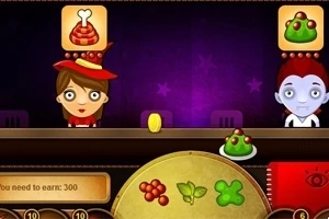 Dwie postacie siedzące przy ladzie, z ikonami potraw nad nimi, oraz złotą monetą lewitującą w powietrzu