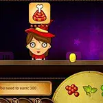 Dwie postacie siedzące przy ladzie, z ikonami potraw nad nimi, oraz złotą monetą lewitującą w powietrzu