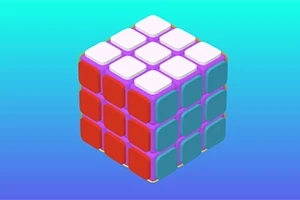 Kostka składająca się z kolorowych sześcianów na tle gradientu w odcieniach niebieskiego