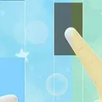 Dwa palce wskazujące dotykają kolorowych prostokątnych pól na pastelowym, rozmytym tle z gwiazdkami i okręgami