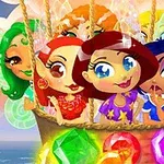 Kilka kolorowych, kreskówkowych postaci w balonie unoszącym się nad ziemią, udekorowanym kolorowymi klejnotami