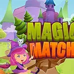 Rysunek z różowowłosą czarodziejką w kapeluszu obok dużego napisu MAGIC MATCH na tle zamku i drzew