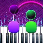 Kolorowe kręgi i bloki nad czarno-białymi klawiszami pianina na tle fioletowej siatki