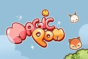 Kolorowe logo „Magic Pom” na jasnoniebieskim tle z uśmiechniętymi, kreskówkowymi twarzami oraz chmurkami i drzewami