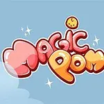 Kolorowe logo „Magic Pom” na jasnoniebieskim tle z uśmiechniętymi, kreskówkowymi twarzami oraz chmurkami i drzewami