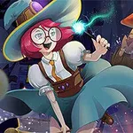 Czarodziejka z różdżką i okrągłymi okularami, w kapeluszu i sukience, otoczona magicznymi przedmiotami i błyskami w ciemnym tle