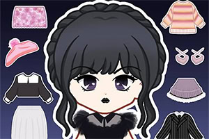 Postać w stylu anime z czarnymi włosami i odzieżą do wyboru, taką jak spódniczka, sweter i kapelusz, na ciemnym tle
