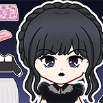 Postać w stylu anime z czarnymi włosami i odzieżą do wyboru, taką jak spódniczka, sweter i kapelusz, na ciemnym tle