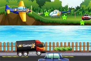 Samolot, helikopter i samochód na tle rzeki, drzew i ogrodzenia z ciężarówką z napisem LOFGames