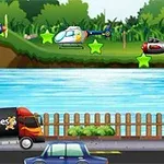 Samolot, helikopter i samochód na tle rzeki, drzew i ogrodzenia z ciężarówką z napisem LOFGames